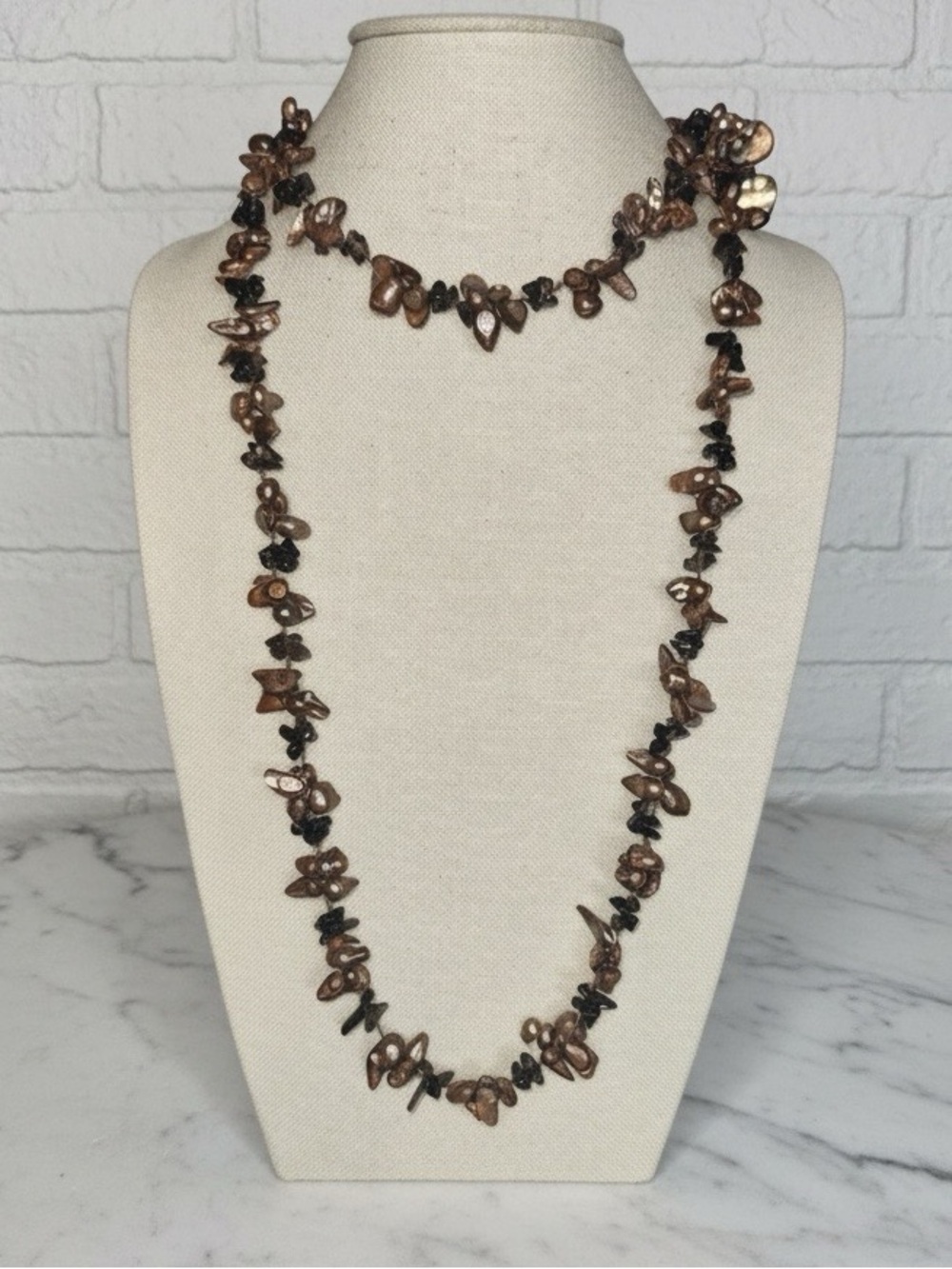 Long Blister Pearl and Smokey Quartz Chip Necklace